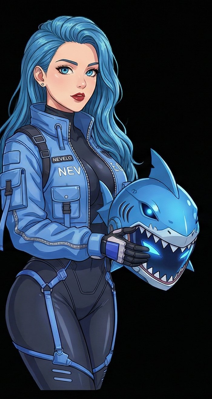 Animal Guppers character in blue tactical gear holding a shark helmet